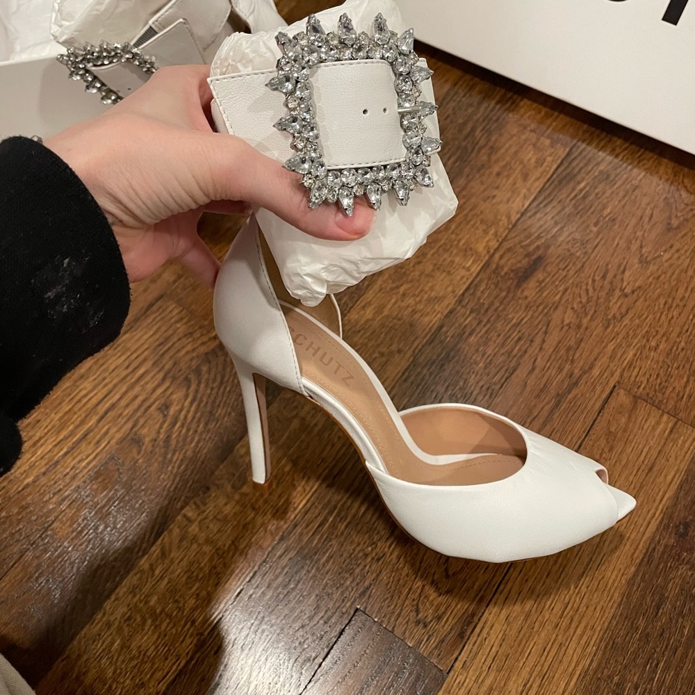 Schutz White Peep-Toe Heels